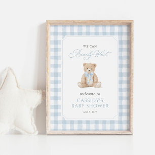 Poster Placa de Boas-Vindas Teddy Bear Blue Gingham para