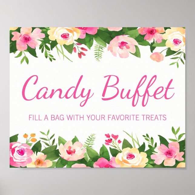 Poster Placa de Buffet de Doces Rosa Floral Churrasco de  (Frente)