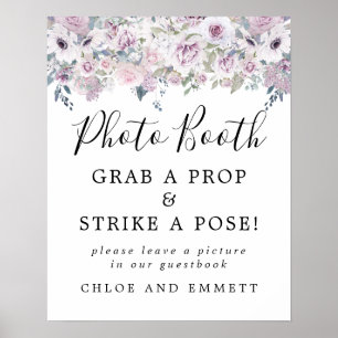 Poster Placa de Cabine de Fotos de Casamento Floral Roxo 