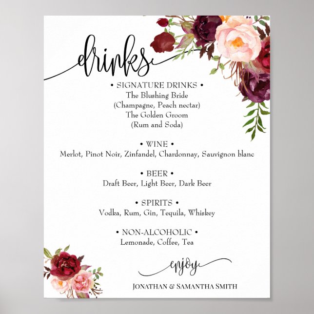 Poster Placa de cardápio de bebidas casamento marsala flo (Frente)