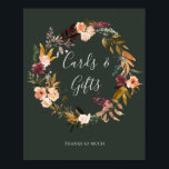 Poster Placa de cartões e presentes verde floral laranja<br><div class="desc">Este letreiro de cartões e presentes florais em verde e laranja burgundy é perfeito para o seu casamento rústico boho com tons de rosa, verde escuro e dourado. O design apresenta uma grinalda ou buquê de flores minimalistas em aquarela em tons de pêssego, rosa poeirento, roxo e rosa claro, juntamente...</div>