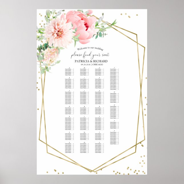 Poster Placa de Casamento Alfabética Blush Floral (Frente)