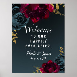 Poster Placa de Casamento Azul Escuro Floral Dourada com