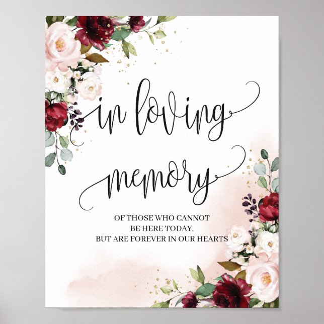 Poster Placa de casamento burgundy moderna em memória amo (Frente)