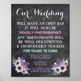 Póster Placa de Casamento com Bar Aberto em Lousa Floral 