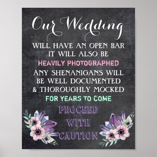 Póster Placa de Casamento com Bar Aberto em Lousa Floral  (Frente)