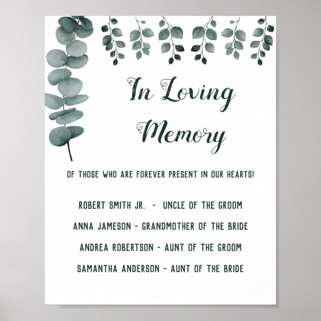 Poster Placa de Casamento com Verdejante Eucalipto Em Mem (Frente)