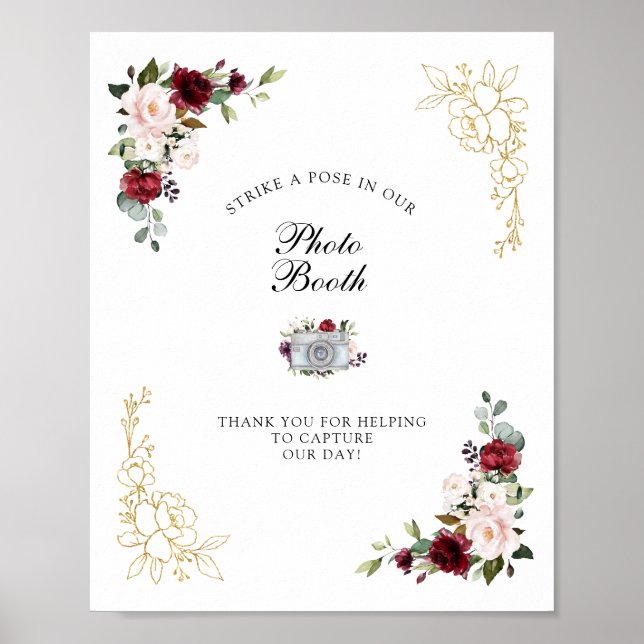 Poster Placa de casamento de cabine de fotos com folha do (Frente)
