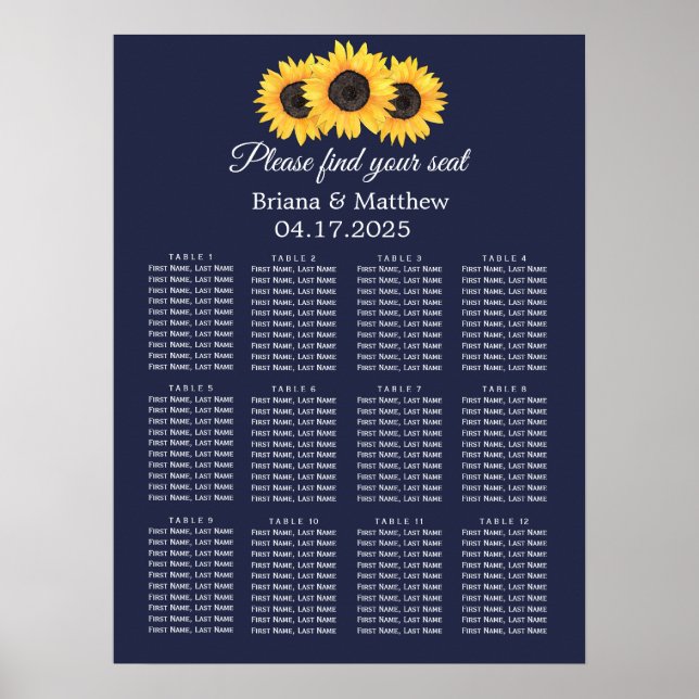 Poster Placa de Casamento de Girassol Azul (Frente)