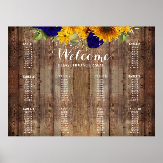 Poster Placa de Casamento de Girassol e Rosas de Marinho (Frente)