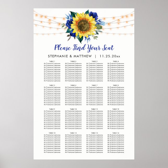 Poster Placa de Casamento de Girassol Floral Azul (Frente)