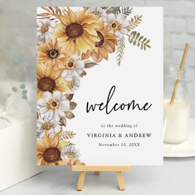 Poster Placa de Casamento de Girassol Rústico (Rustic Watercolor Sunflower Floral Wedding Welcome Sign
by Painted Paperie)
