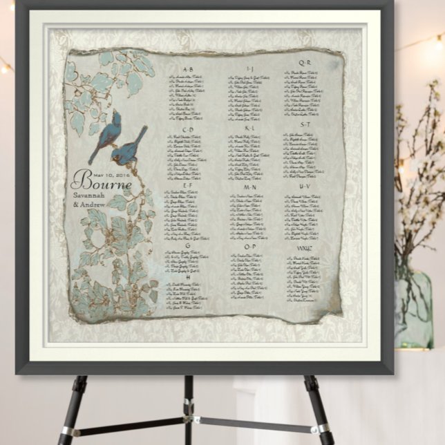 Poster Placa de Casamento de Pássaros com Amor Teal (To see frame and mat pricing,  please choose your options.)