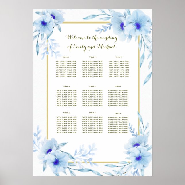Poster Placa de casamento dourado azul floral (Frente)
