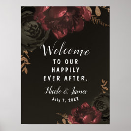 Poster Placa de casamento floral escura e sombria marrom