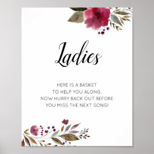 Poster Placa de Cesta de Banheiro Feminino Floral Borgonh