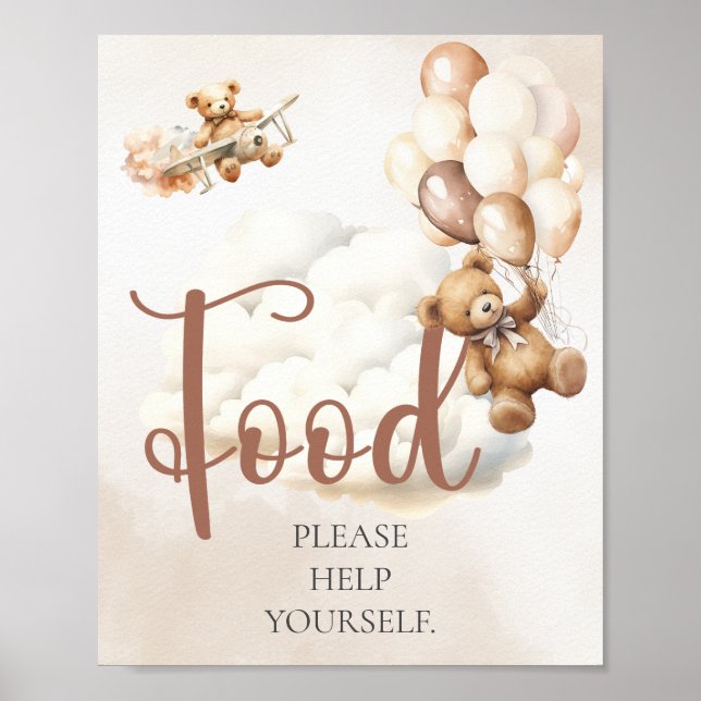 Poster Placa de Chá de Bebê COMIDA SIRVA-SE Urso Balão (Frente)