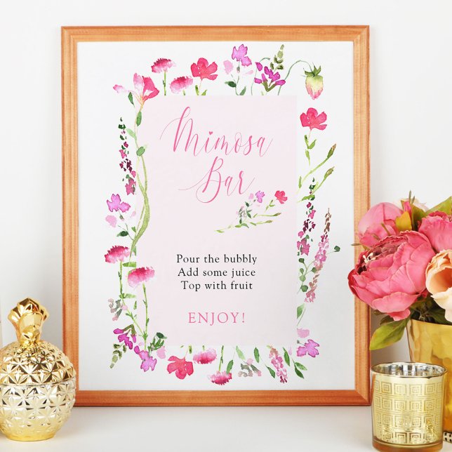 Poster Placa de Chá de Bebê de Noiva Flor Silvestre Rosa  (Mimosa Bar sign from my Pink Wildflower Collection. Message if you need me to create additional item)
