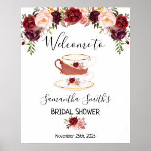 Poster Placa de chá de noiva Marsala floral Bem-vindo