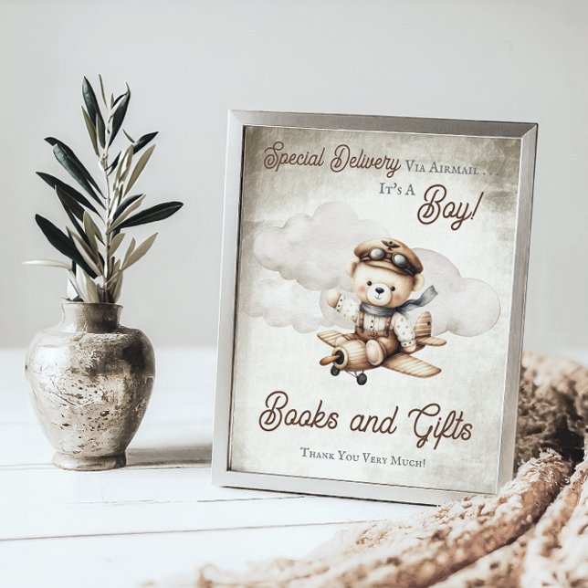 Poster Placa de Chá do Urso de Teddy do Avião ("Special Delivery Via Airmail  It's A Boy!" Teddy Bear | Airplane Baby Shower Books and Gifts Sign)