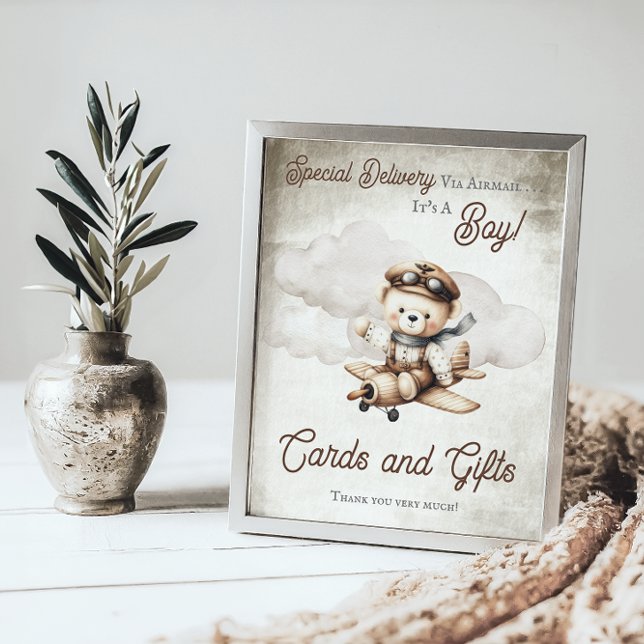 Poster Placa de Chá do Urso de Teddy e Sinal de Presente  ("Special Delivery Via Airmail  It's A Boy!" Teddy Bear Airplane Baby Shower Cards and Gifts Sign)