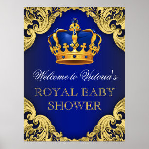 Poster Placa de Chuvada de Bebê Príncipe Dourado Azul Rea