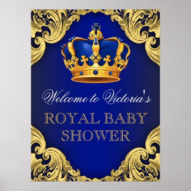 Poster Placa de Chuvada de Bebê Príncipe Dourado Azul Rea (Frente)
