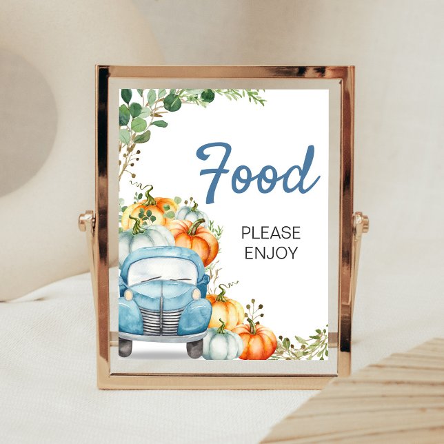 Poster Placa de Comida Caminhão Azul Abóbora Pequena para (Fall Pumpkin Blue Truck Baby Shower Food Sign)