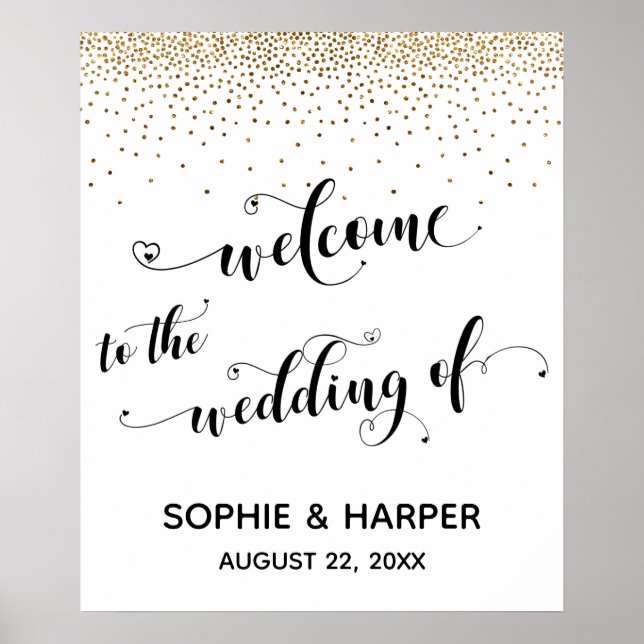 Poster Placa de Confete Dourado de Boas-vindas ao Casamen (Frente)