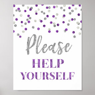 Poster Placa de Confetes Prata Roxo Por Favor Sirva-se