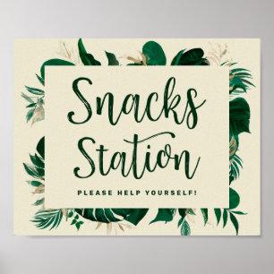 Poster Placa de Estação de Lanche de Folhagem Verde Tropi