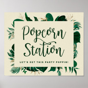 Poster Placa de Estação de Pipoca Verde Folhas Tropicais 