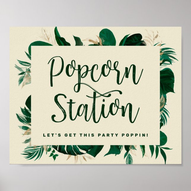 Poster Placa de Estação de Pipoca Verde Folhas Tropicais  (Frente)