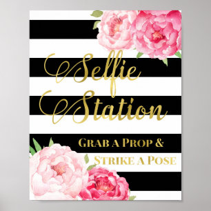 Póster Placa de Estação de Selfie Rosa Floral Dourado Lis