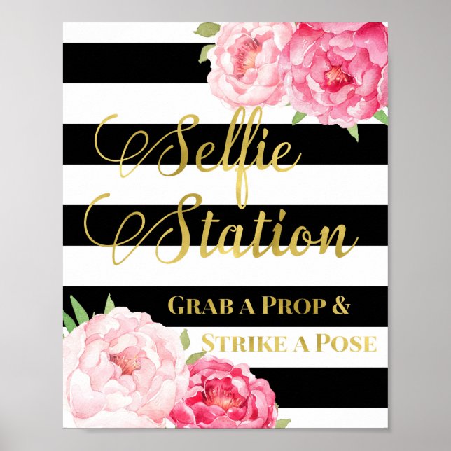 Póster Placa de Estação de Selfie Rosa Floral Dourado Lis (Frente)