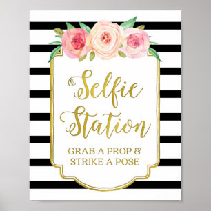 Póster Placa de Estação de Selfie Rosa Floral Dourado Lis