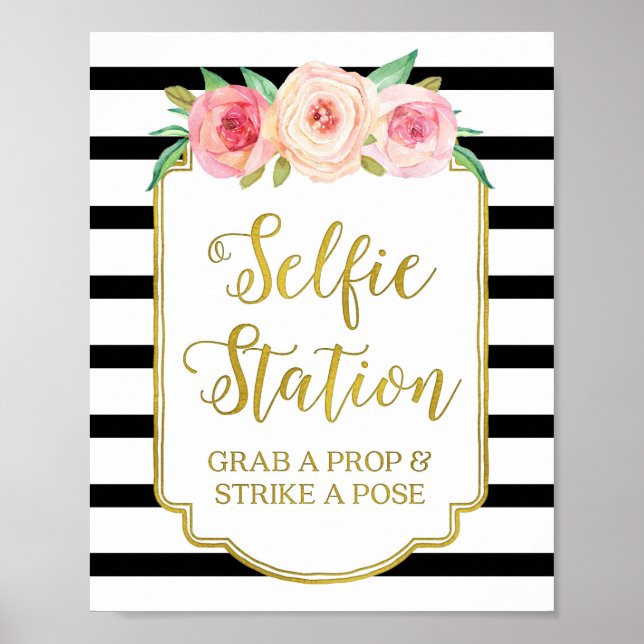 Póster Placa de Estação de Selfie Rosa Floral Dourado Lis (Frente)