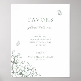 Poster Placa de Favor de Casamento Floral Verde Sálvia