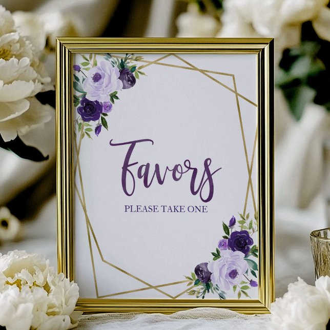 Poster Placa de Favor Floral Aquarela Dourado Roxo (Criador carregado)