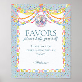 Poster Placa de Favores de Aniversário Azul Cue the Confe