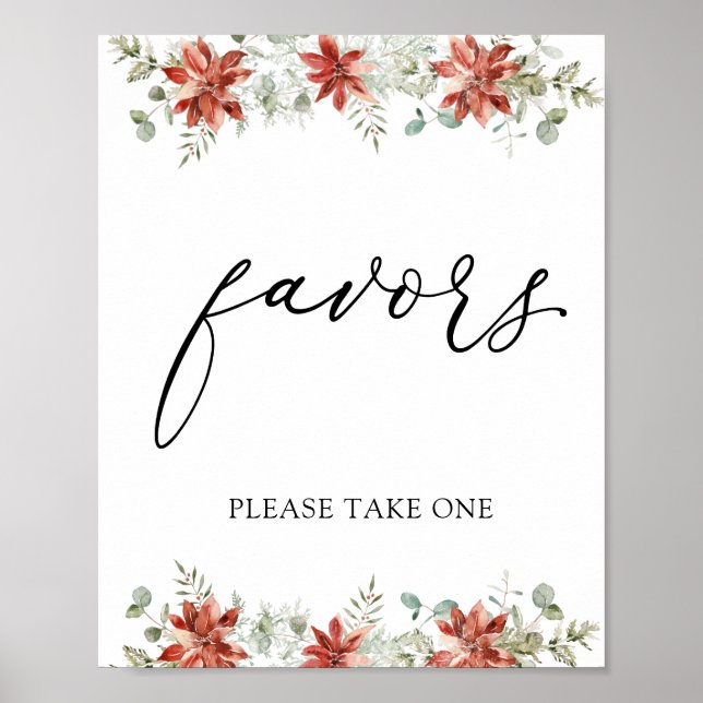 Poster Placa de Favores de Verde Natal Poinsettias (Frente)