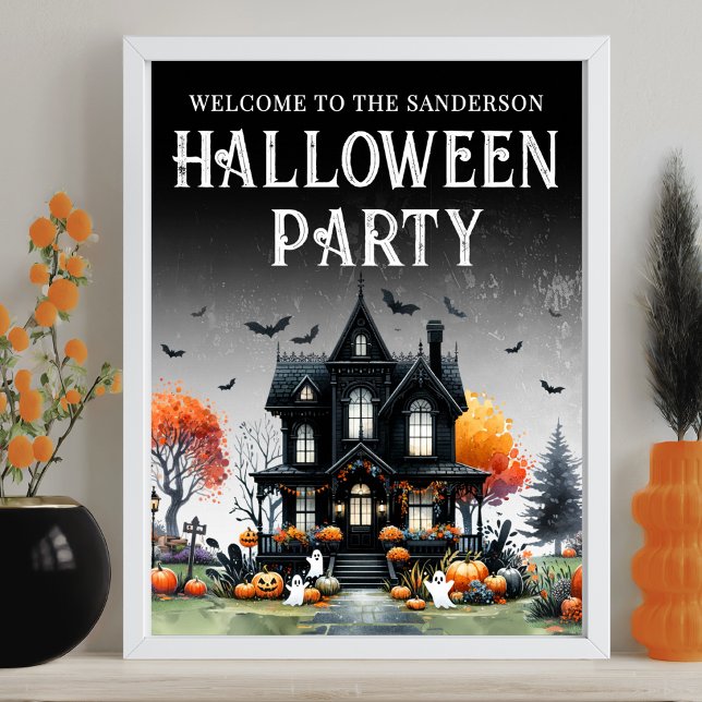 Poster Placa de Festa de Halloween em Casa Assombrada (Haunted House Halloween Party Sign)