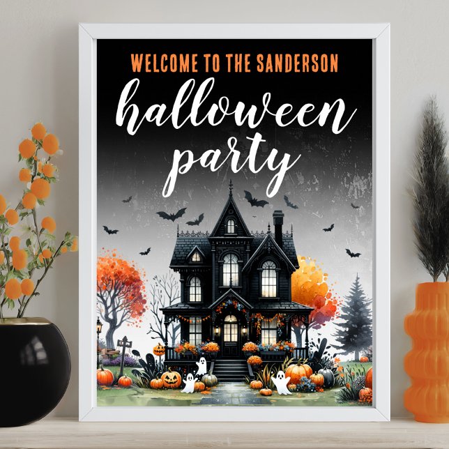 Poster Placa de festa de Halloween em casa assombrada par (Adult Haunted House Halloween Party Sign)