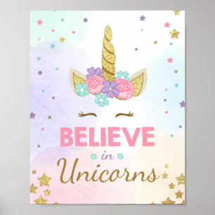 Poster Placa de festa de unicórnio Acredite no aniversári