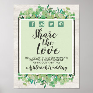 Poster Placa de Foto com Hashtag para Casamento de Madeir
