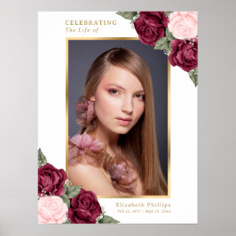 Poster Placa de Foto Floral Vermelho Rosa Dourado Bem-vin