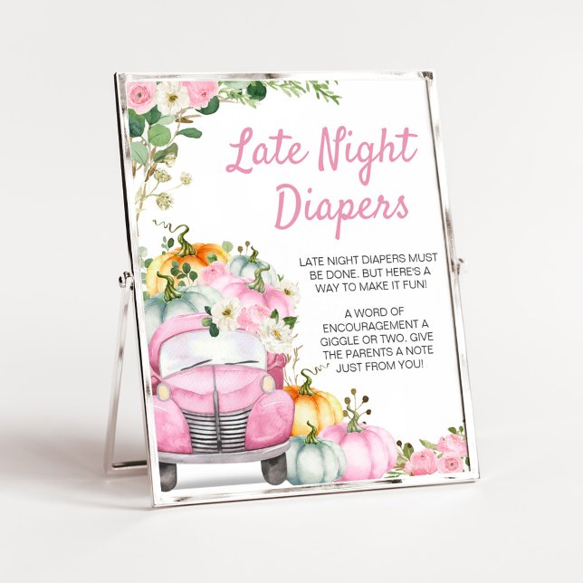Poster Placa de Fraldas Noturnas Caminhão Rosa Abóbora de (Little Pumpkin Pink Truck Baby Shower Late Night Diapers Sign)