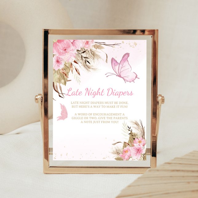 Poster Placa de Fraldas Noturnas Chuva Floral Borboleta (Pink Butterfly Baby Shower Late Night Diapers Sign)
