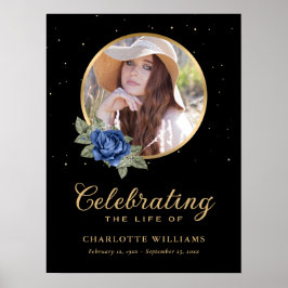 Poster Placa de Funeral Floral Preto Azul Dourado