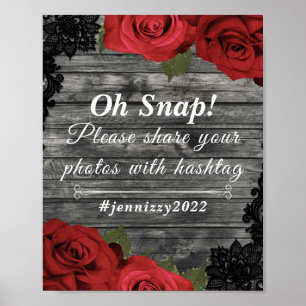 Poster Placa de hashtag de casamento com rendas pretas e